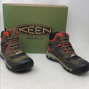 NEW Keen Boots Ridge Flex Mid Hiking Waterproof Dark Olive/Red Mens Size 7.5
